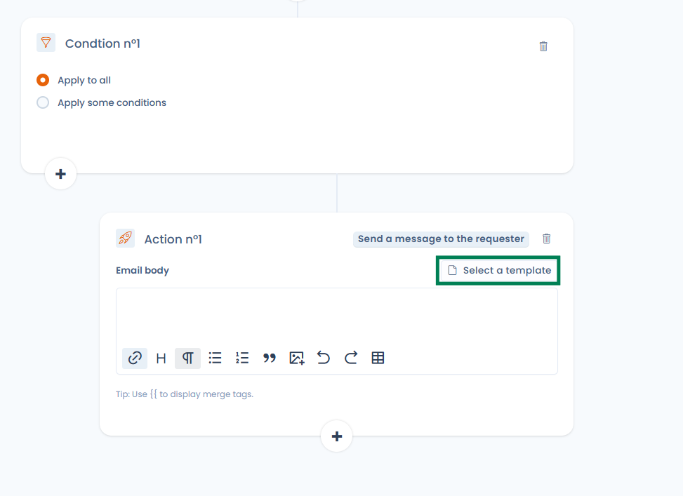 Send a message to the requester action with the Select a template button