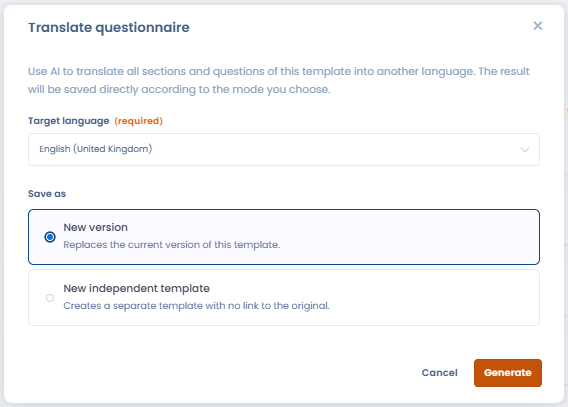 AI translation dialog with target language and save mode options