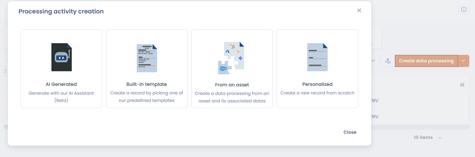 Processing activity creation mode picker: AI Generated, Built-in template, From an asset, Personalized