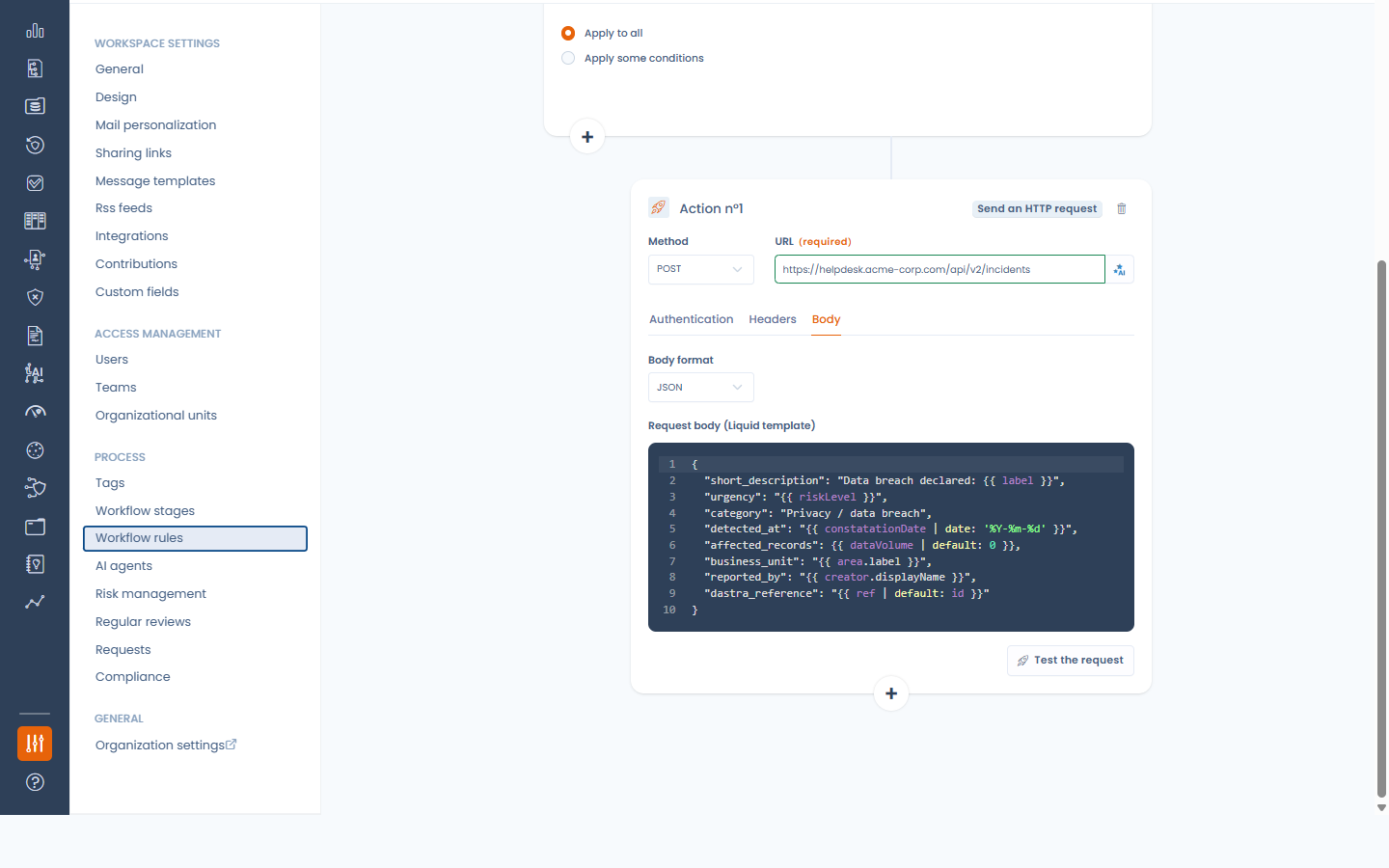 Send an HTTP request action in a workflow rule