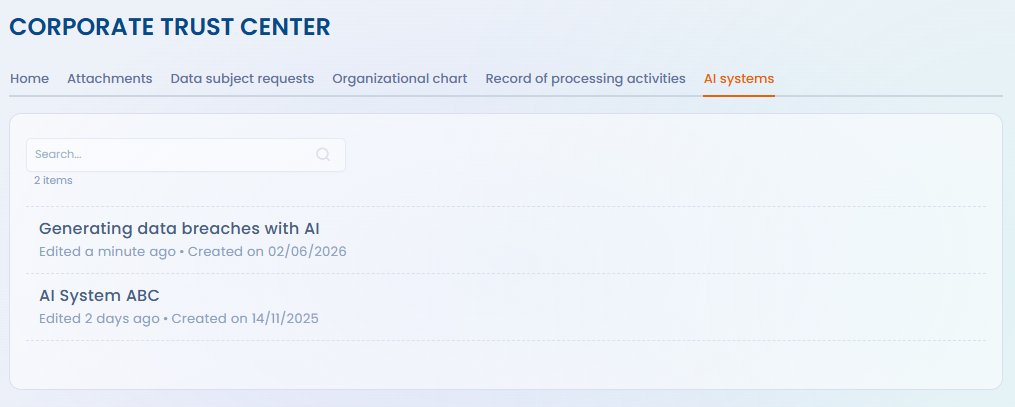 AI systems tab displayed on the public Trust center