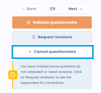 Response validation actions: Validate, Request a review, Cancel questionnaire