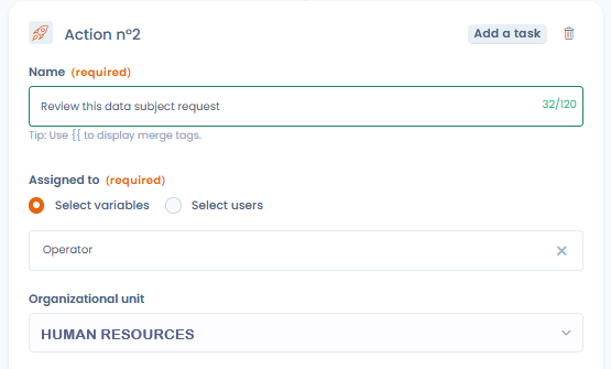 Add a task action with the Organizational unit field filled in