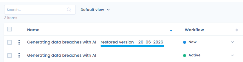 Restored AI system suffixed 'restored version' in the list