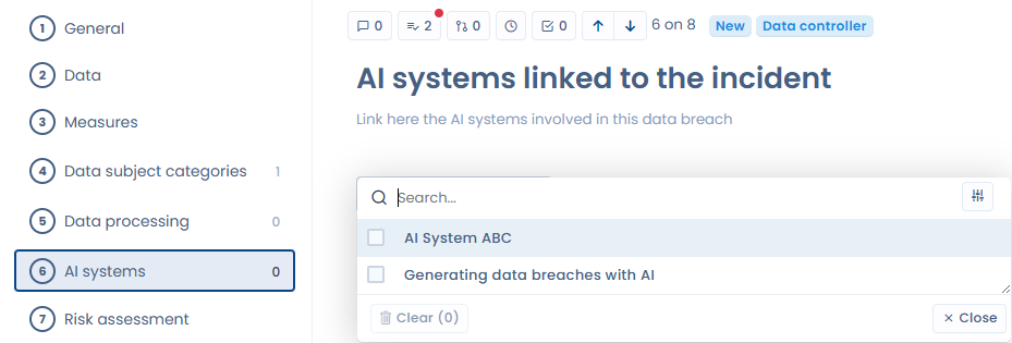 AI systems section in the breach record with a dropdown to select the systems