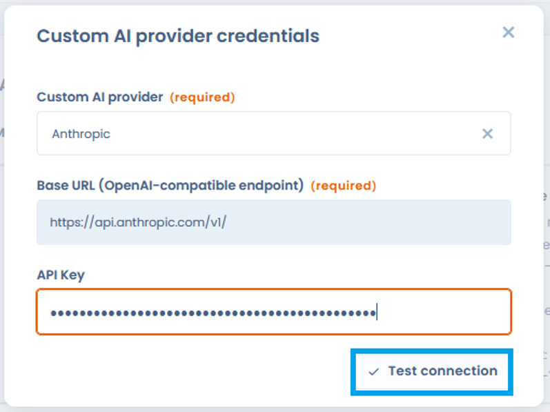 Custom provider credentials window with Anthropic and the Test connection button