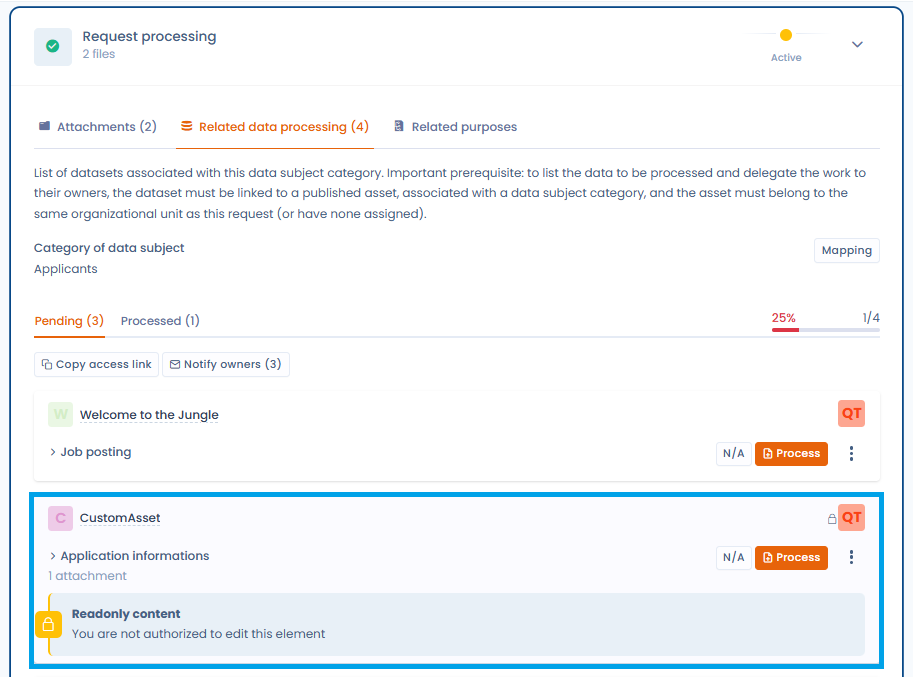 Datasets tab displaying the datasets inherited from the parent and descendant units