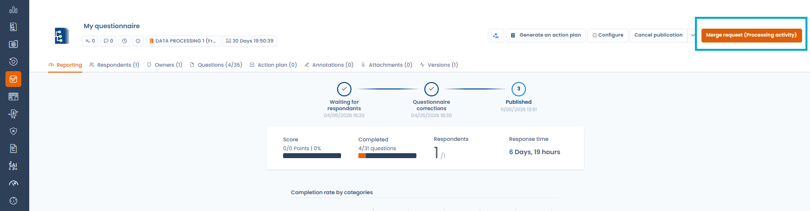 Questionnaire response reporting view with the Merge request (Processing activity) button