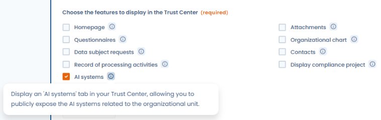 AI systems checkbox in the Trust center configuration with tooltip