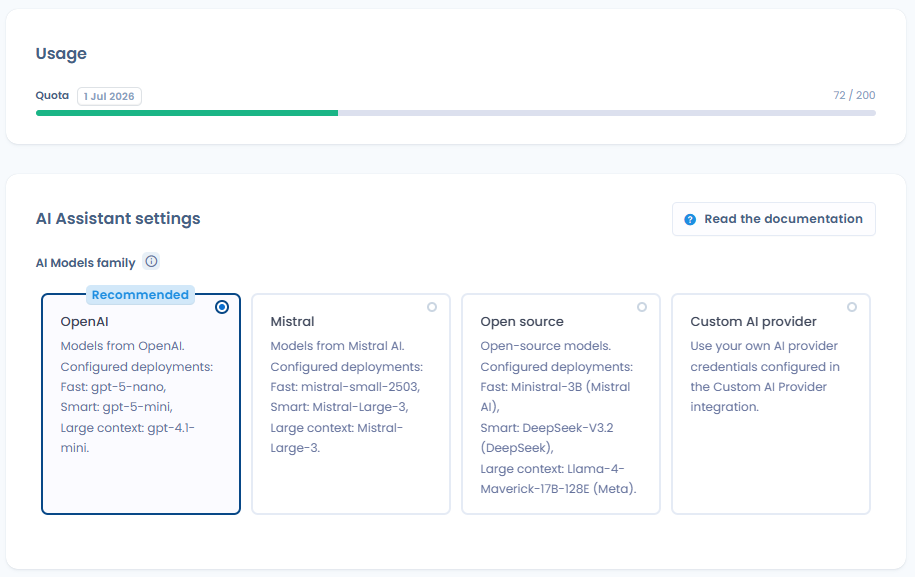 Coloured AI credit quota progress bar in the workspace settings