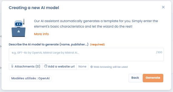 AI system generation form with description field and URL option