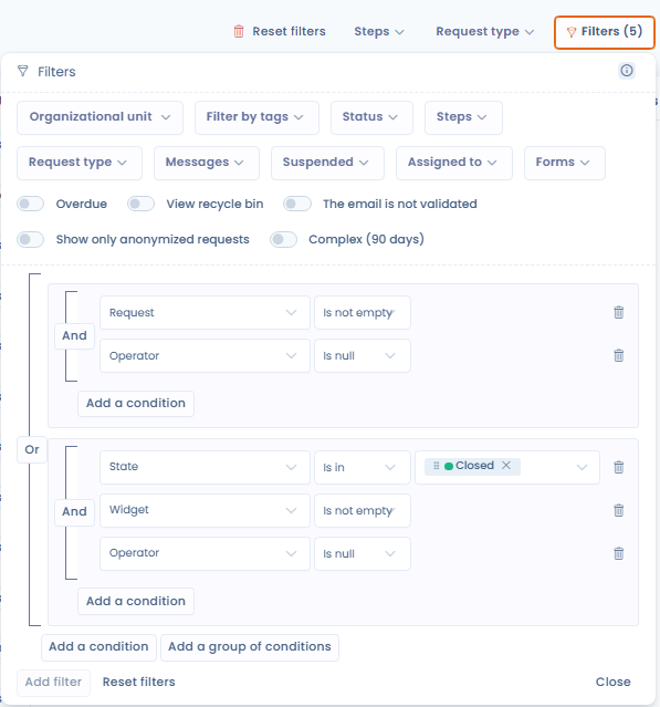 Advanced filters panel with two condition groups connected by an OR operator