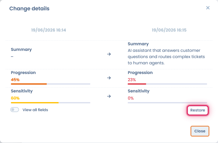A version's details in the Activity history with the Restore button