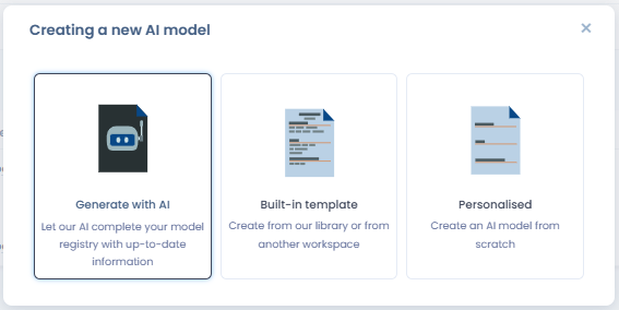 Create a new AI model dialog with three options: Generate with AI, Built-in template, Personalised