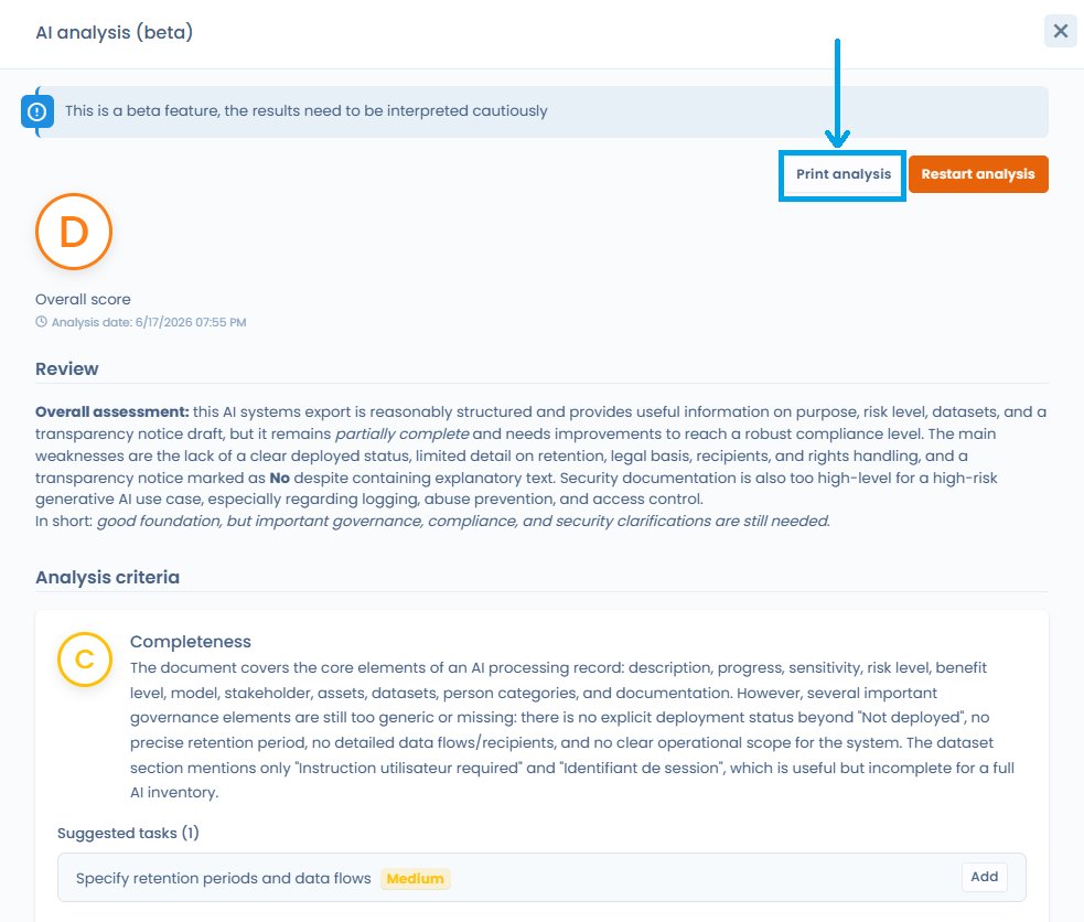 AI analysis panel with the Print analysis and Restart analysis buttons