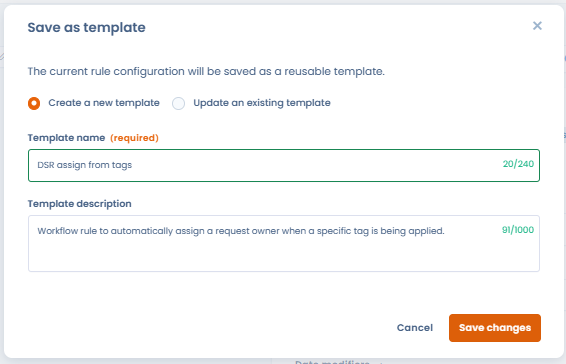 Save as template dialog with name and description fields